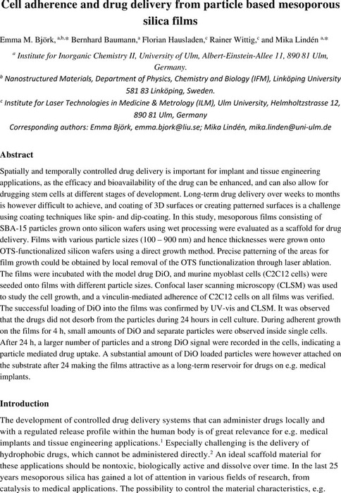 Cell Adherence And Drug Delivery From Particle Based Mesoporous Silica