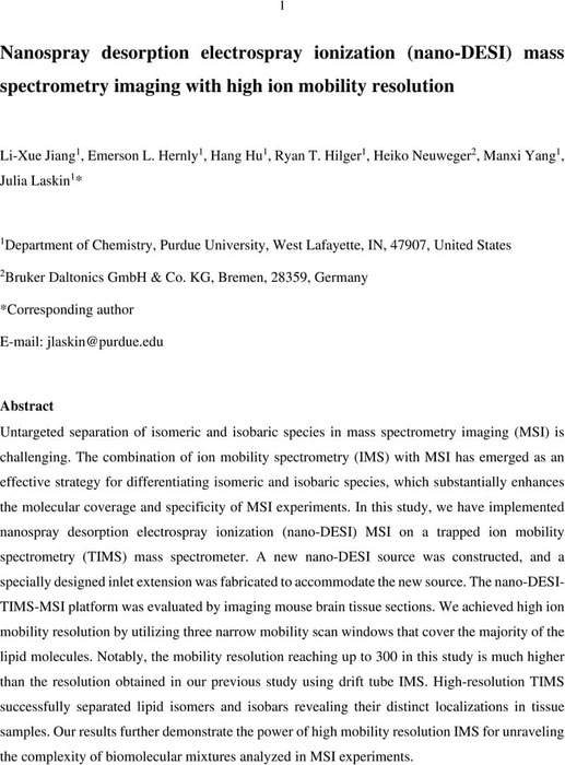 Nanospray Desorption Electrospray Ionization Nano Desi Mass