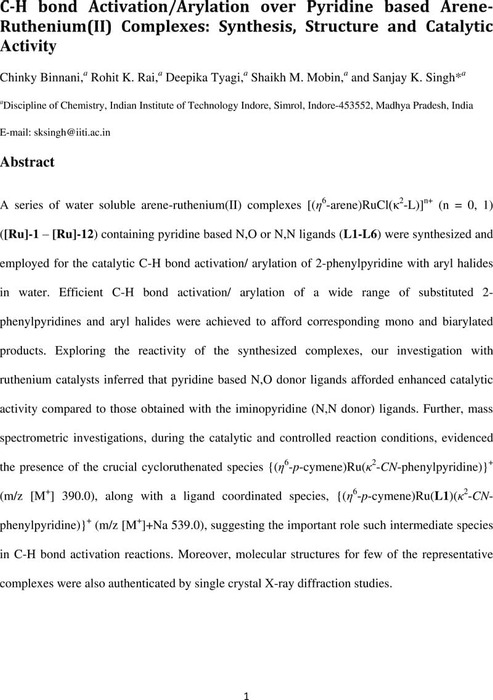 C H Bond Activation Arylation Over Arene Ruthenium Ii Picolinate Complexes Synthesis Structure And Catalytic Activity Catalysis Chemrxiv Cambridge Open Engage