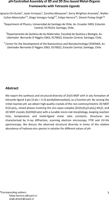 Ph Controlled Assembly Of 3d And 2d Zinc Based Metal Organic Frameworks With Tetrazole Ligands Materials Science Chemrxiv Cambridge Open Engage