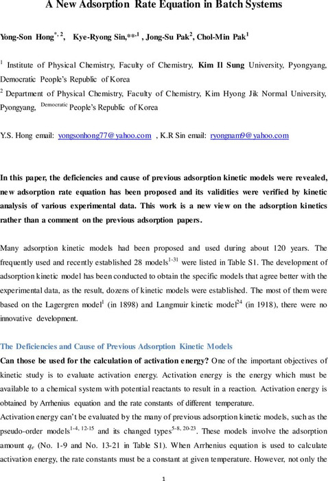 A New Adsorption Rate Equation in Batch Systems | Physical Chemistry ...