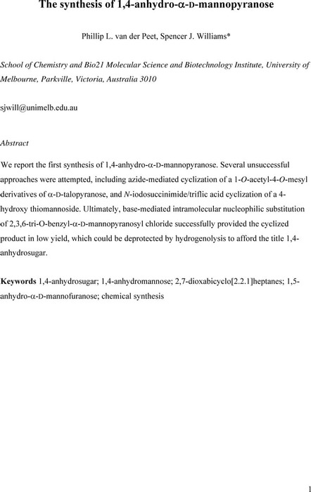 The Synthesis Of 1 4 Anhydro A D Mannopyranose Organic Chemistry Chemrxiv Cambridge Open Engage