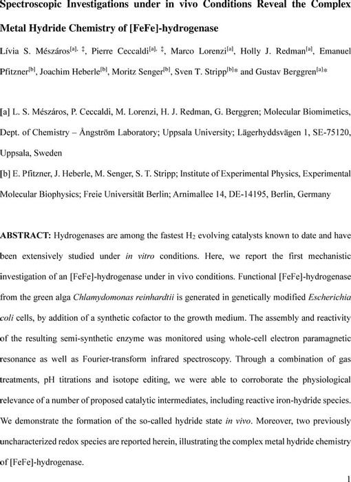 Spectroscopic Investigations Under In Vivo Conditions Reveal The Complex Metal Hydride Chemistry Of Fefe Hydrogenase Biological And Medicinal Chemistry Chemrxiv Cambridge Open Engage