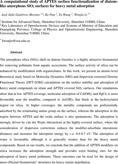 Thumbnail image of A computational study of APTES surface functionalization of diatom-like amorphous SiO2 surfaces for heavy metal adsorption.pdf
