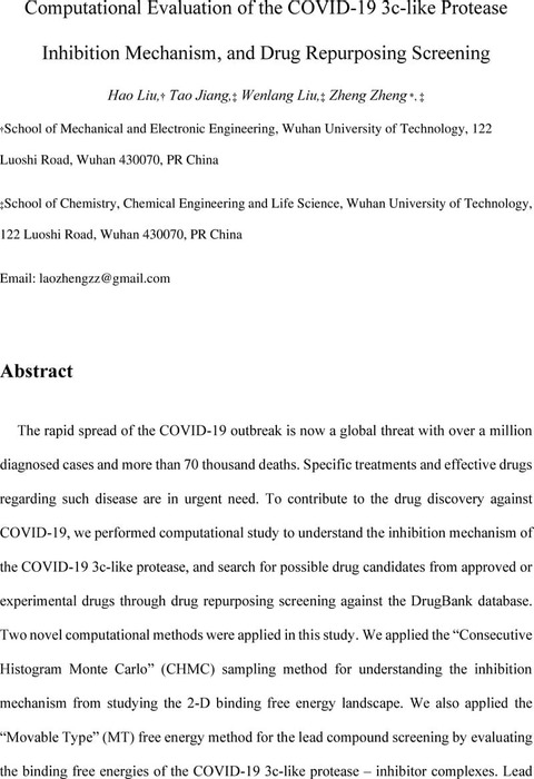 Thumbnail image of Computational Evaluation of the COVID-19 3c-like Protease Inhibition Mechanism, and Drug Repurposing Screening.pdf