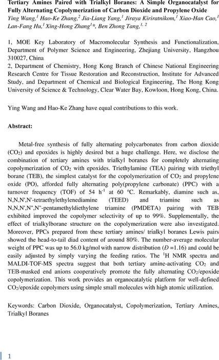 Thumbnail image of A Simple Organocatalyst for Fully Alternating Copolymerization-Xinghong Zhang -ZJU.pdf