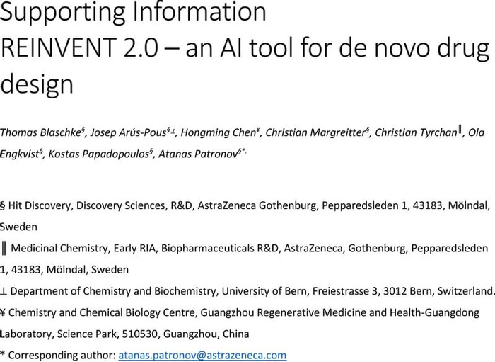 Thumbnail image of REINVENT 2.0 – an AI tool for de novo drug design supporting information.pdf