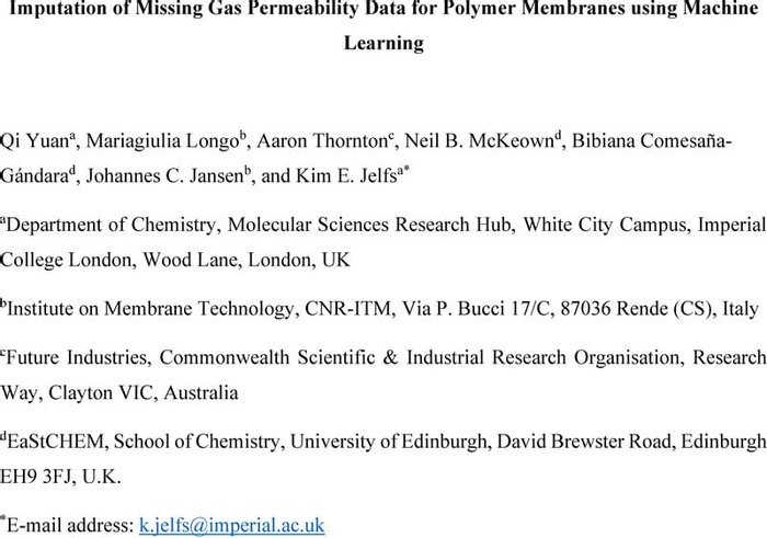 Imputation Of Missing Gas Permeability Data For Polymer Membranes Using ...