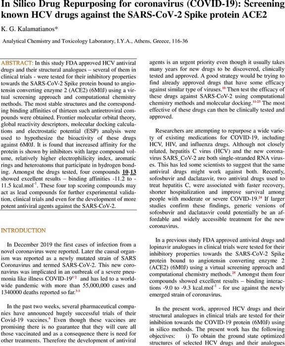 Thumbnail image of In Silico Drug Repurposing for coronavirus (COVID-19) Screening known HCV drugs against the SARS-CoV-2 Spike protein (6M0J) K. G. Kalamatianos_partB.pdf