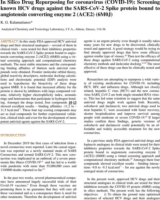 Thumbnail image of In Silico Drug Repurposing for coronavirus (COVID-19) Screening known HCV drugs against the SARS-CoV-2 Spike protein (6M0J) K. G. Kalamatianos_260221_v3.pdf