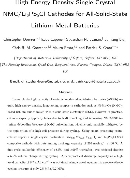 Thumbnail image of High Energy Density Single Crystal NMC-Li6PS5Cl Cathodes for All-Solid-State Lithium Metal Batteries.pdf