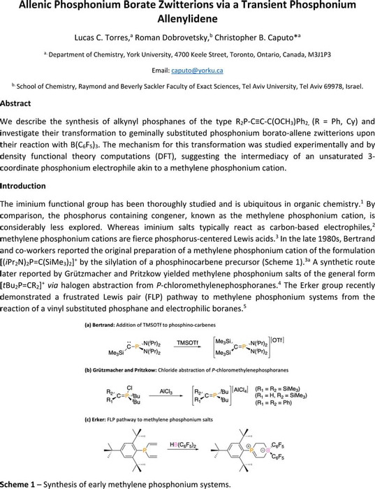Thumbnail image of Allenic Phosphonium Borate Zwitterions via a Transient Phosphonium Allenylidene ChemRxiv.pdf