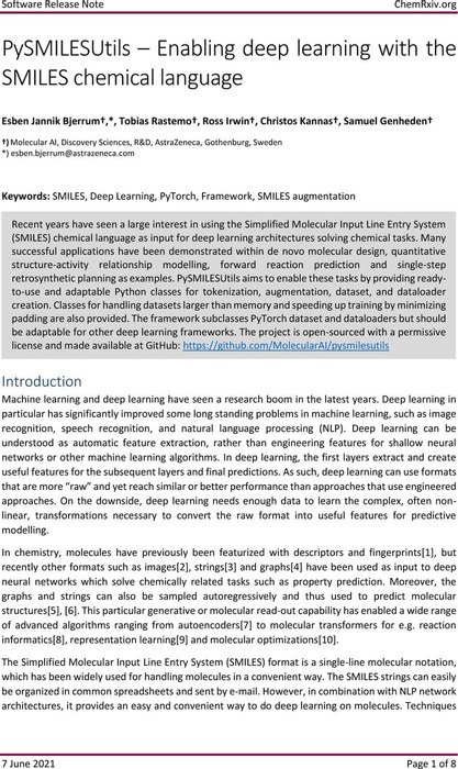 Thumbnail image of Bjerrum2021 - PySMILESUtils – Enabling deep learning with the SMILES chemical language.pdf