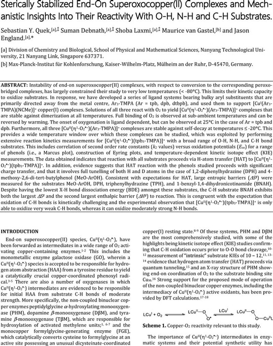 Sterically Stabilized End On Superoxocopper Ii Complexes And Mechanistic Insights Into Their Reactivity With O H N H And C H Substrates Inorganic Chemistry Chemrxiv Cambridge Open Engage