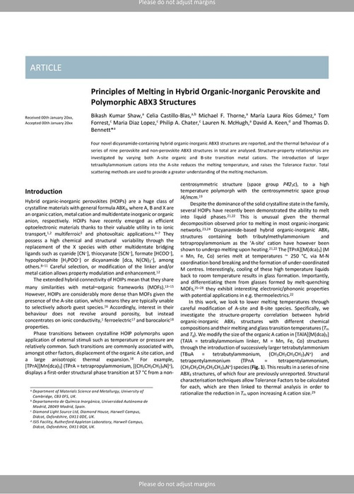 Principles of Melting in Hybrid Organic-Inorganic Perovskite and ...