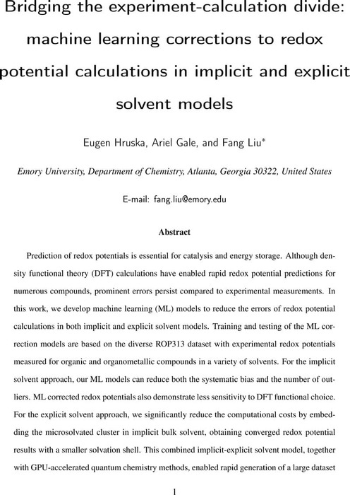 Thumbnail image of Bridging the experiment-calculation divide machine learning corrections to redox potential calculations in implicit and explicit solvent models.pdf