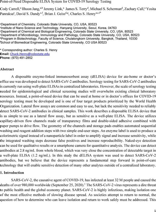 Point-of-Need Disposable ELISA System for COVID-19 Serology Testing ...