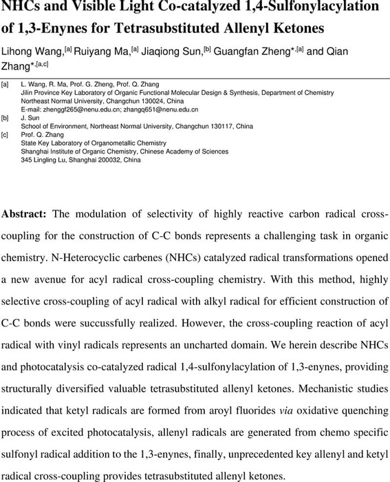 Nhcs And Visible Light Co Catalyzed 1 4 Sulfonylacylation Of 1 3 Enynes For Tetrasubstituted Allenyl Ketones Organic Chemistry Chemrxiv Cambridge Open Engage