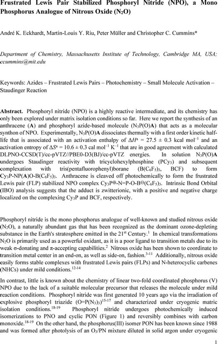 Frustrated Lewis Pair Stabilized Phosphoryl Nitride (NPO), a Mono ...