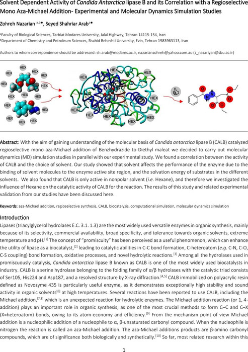 Solvent Dependent Activity Of Candida Antarctica Lipase B And Its ...