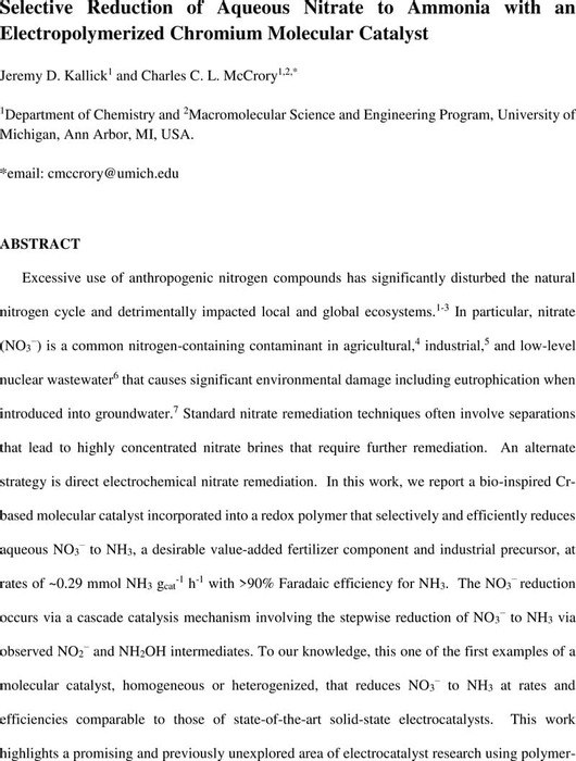 Selective Reduction of Aqueous Nitrate to Ammonia with an ...