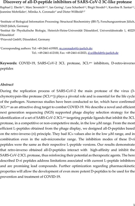 Discovery of all-D-peptide inhibitors of SARS CoV 2 3C-like protease ...