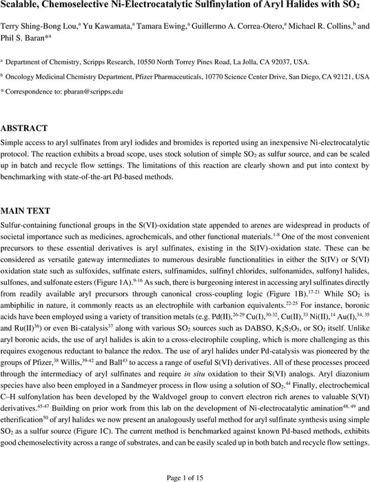 Scalable, Chemoselective Ni-Electrocatalytic Sulfinylation of Aryl ...