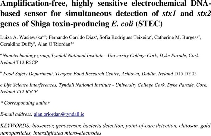 Thumbnail image of Amplification-free, highly sensitive electrochemical DNA-based sensor for simultaneous detection of stx1 and stx2 genes of Shiga toxin-producing E. coli (STEC).pdf