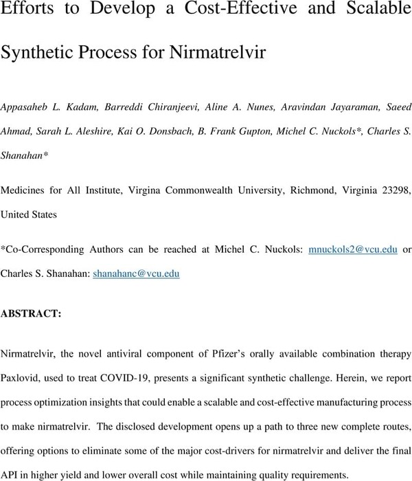 Thumbnail image of Efforts to Develop a Cost-Effective and Scalable Synthetic Process for Nirmatrelvir - Medicines for All - Aug-2022.pdf