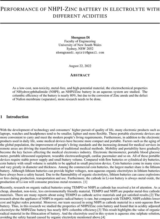 Performance of NHPI-Zinc Battery in Electrolyte with Different ...