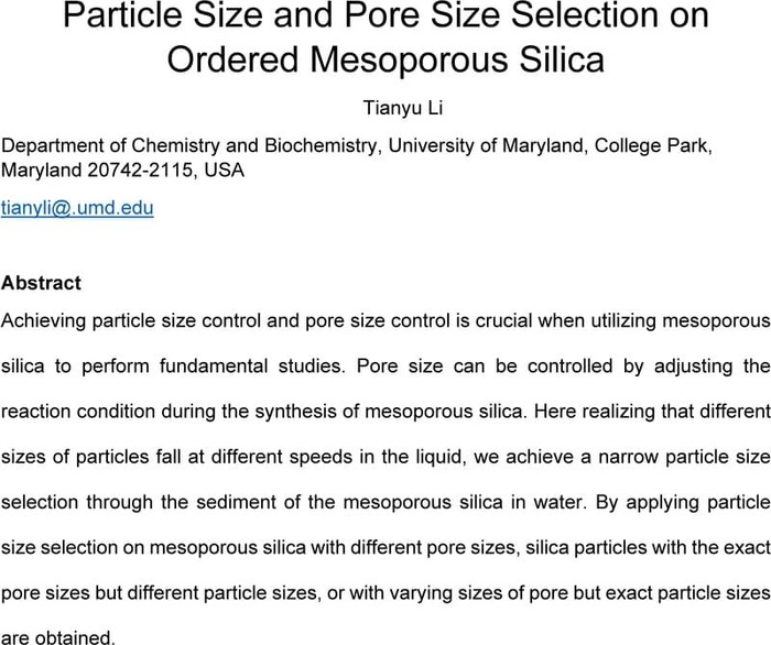 Thumbnail image of Particle Size and Pore Size Selection on Ordered Mesoporous Silica.pdf