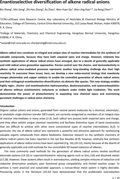 Enantioselective diversification of alkene radical anions | Catalysis ...