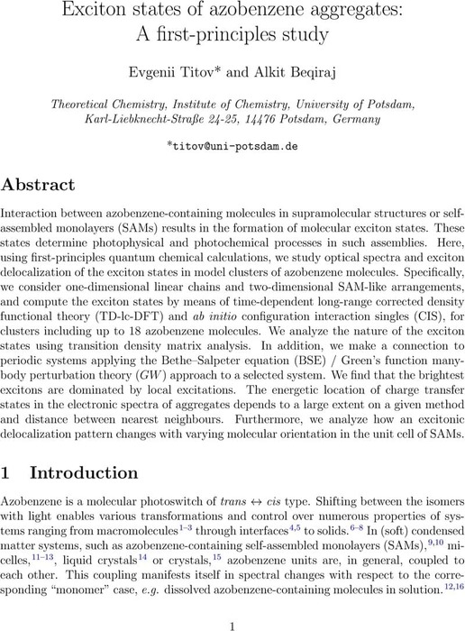 Exciton states of azobenzene aggregates: A first-principles study ...