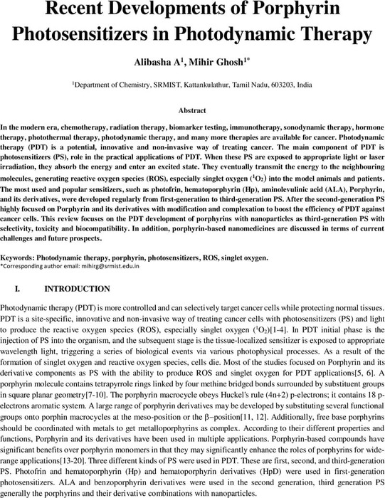 Recent Developments Of Porphyrin Photosensitizers In Photodynamic Therapy Biological And