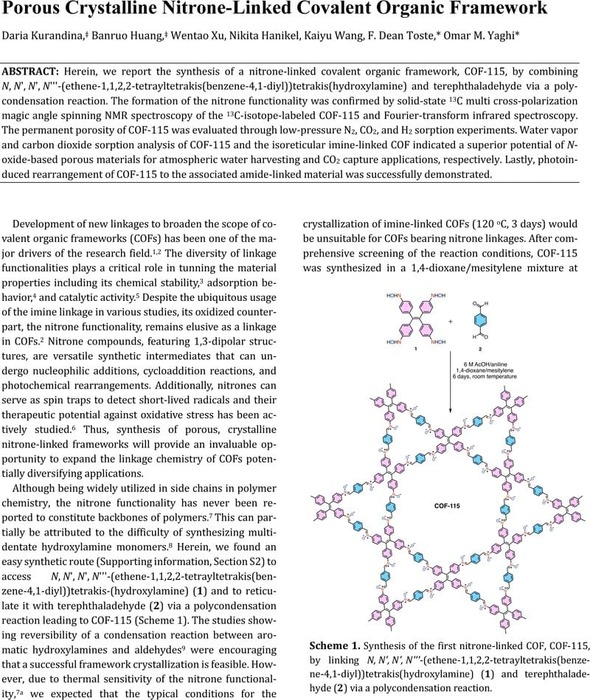 Porous Crystalline Nitrone-Linked Covalent Organic Framework ...