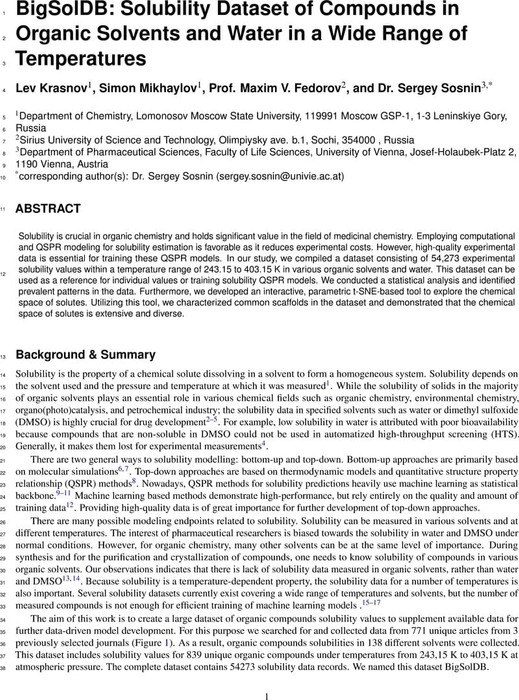 Bigsoldb Solubility Dataset Of Compounds In Organic Solvents And Water In A Wide Range Of