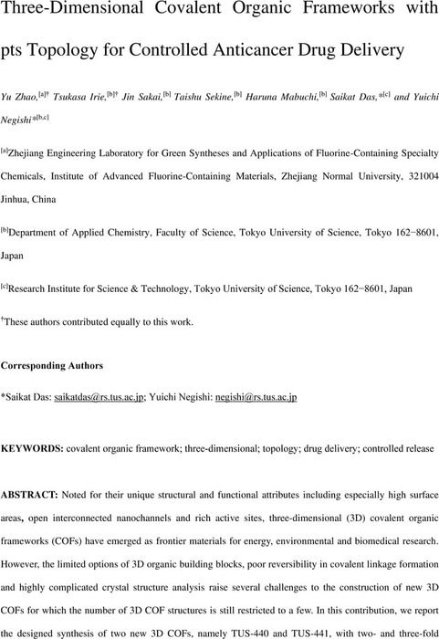 Three-Dimensional Covalent Organic Frameworks with pts Topology for Controlled Anticancer Drug Delivery | Polymer Science | ChemRxiv | Cambridge Open Engage