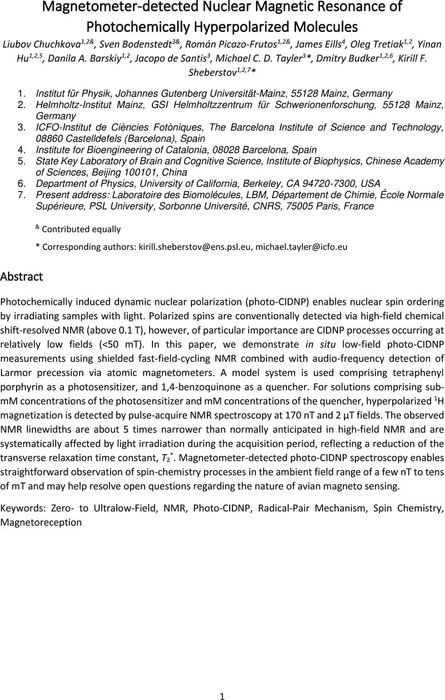 Magnetometer-detected Nuclear Magnetic Resonance of Photochemically ...