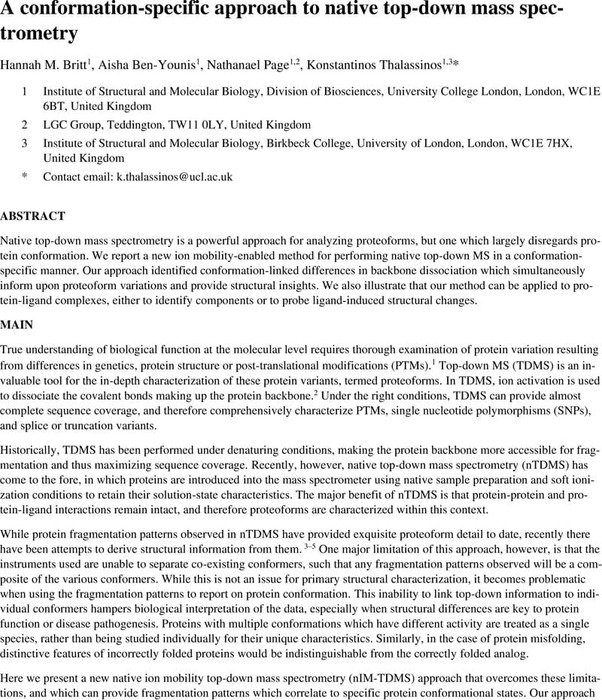 A conformation-specific approach to native top-down mass spectrometry ...