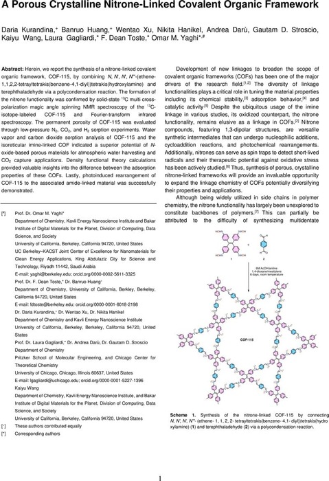 A Porous Crystalline Nitrone-Linked Covalent Organic Framework ...