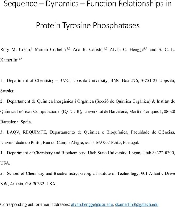 Sequence – Dynamics – Function Relationships In Protein Tyrosine ...