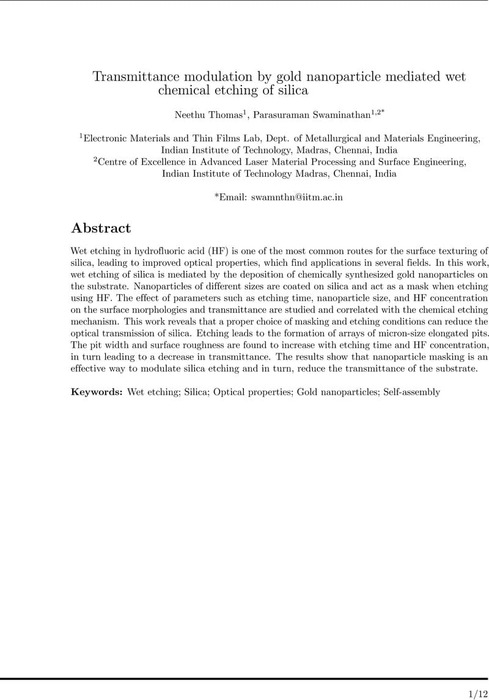 Transmittance Modulation By Gold Nanoparticle Mediated Wet Chemical Etching Of Silica Chemical