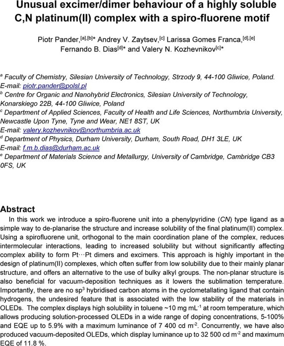 Unusual excimer/dimer behaviour of a highly soluble C,N platinum 