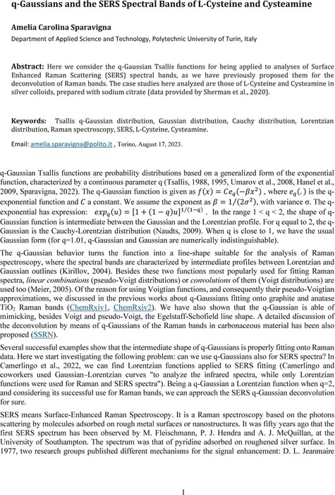 q-Gaussians and the SERS Spectral Bands of L-Cysteine and Cysteamine ...