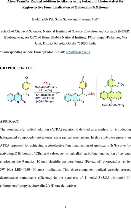 Atom Transfer Radical Addition To Alkenes Using Fukuzumi Photocatalyst