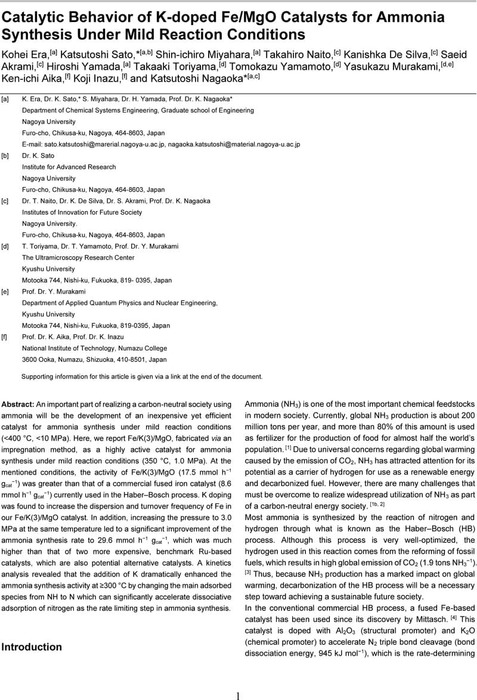 Catalytic Behavior of K-doped Fe/MgO Catalysts for Ammonia Synthesis ...