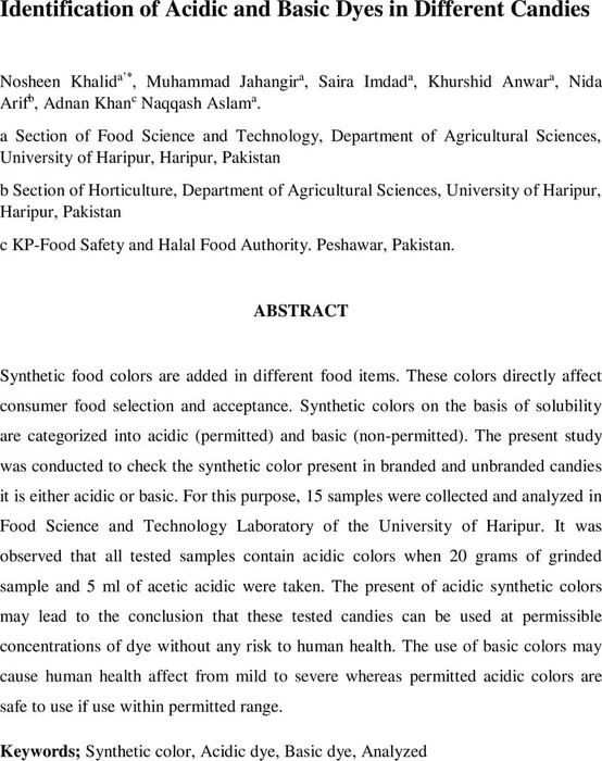 Identification Of Acidic And Basic Dyes In Different Candies Agriculture And Food Chemistry