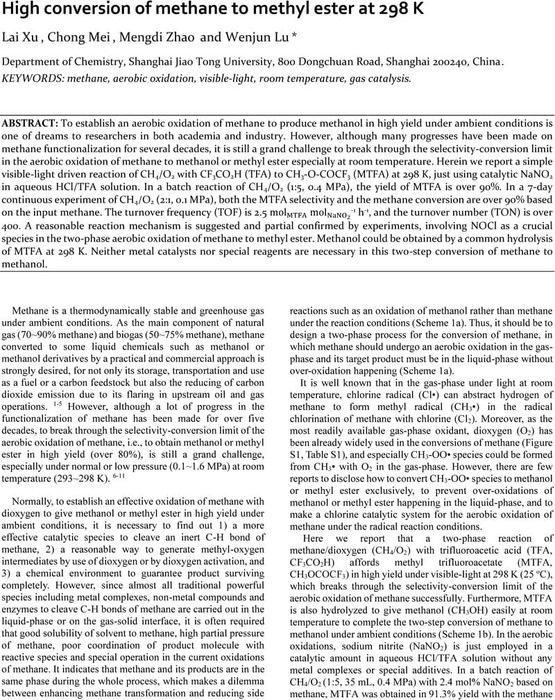 High conversion of methane to methyl ester at 298 K | Catalysis ...