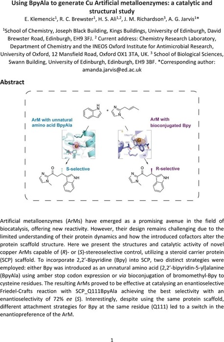 Using Bpyala To Generate Copper Artificial Metalloenzymes A Catalytic