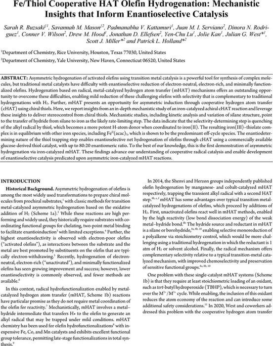 Fe/Thiol Cooperative HAT Olefin Hydrogenation: Mechanistic Insights ...